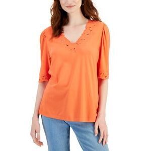 Charter Club Crochet-trim Cotton Top In Hot Coral M